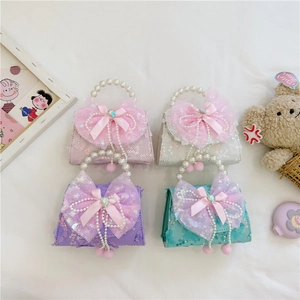 Sac À Bandoulière Enfant Paillettes Cuir PU Noeud En Maille Poignée Künstliche Perle Sacoche Princesse Pour Petites Filles Doux