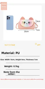 Detail view of pink cat shoulder bag showing dimensions 16x9x7cm and lightweight PU material