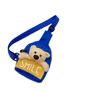 Cute blue kids chest bag featuring a plush bear and Smile text on a durable canvas strap