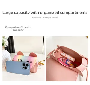 Pink kitten crossbody bag with holographic flap and spacious interior compartment