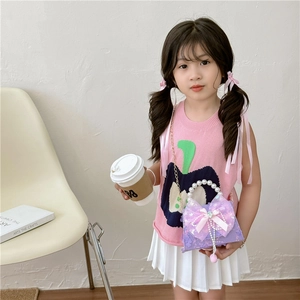 Sac à main violet pailleté pour fille avec nœud rose et poignée en perles chic