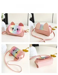 Four-angle view of pink kitten crossbody bag with rainbow glitter flap and cat ears