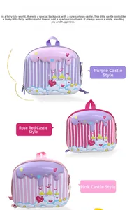 Detail view of 3D castle relief and purple drip design on kids shell backpack