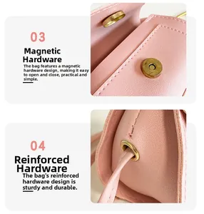 Close-up of pink leather bag featuring durable magnetic clasp and metal hardware reinforcement