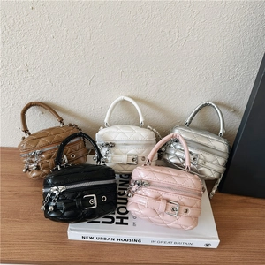 Kids Girls Mini Crossbody Bag Quilted PU Leather Rhombic Handbag Chain Strap Belt Buckle Fashion Small Cylinder Purse
