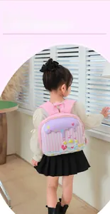 Detail view of pink and purple 3D cream-style backpack for girls with cartoon castle print