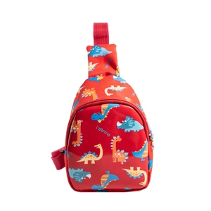 Red kids dinosaur chest bag with cartoon print and adjustable strap for 2025 autumn