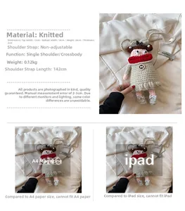 Crocheted pig doll bag size comparison with tablet showing detailed knit texture