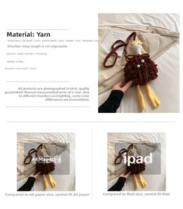 Size comparison and material details of the handmade crochet ostrich cross-body bag