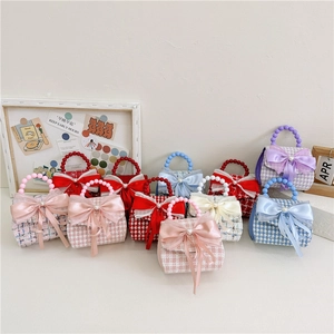 Mini Sac À Main Bandoulière Tweed Nœud En Satin Poignée En Künstliche Perles Chaîne En Métal Mode Princesse Pour Petites Filles