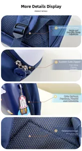 Detail view of adjustable buckles, smooth zippers, rocket charm, and padded back mesh panel