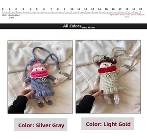 Detail of silver gray and light gold crochet bags with pearls and bow decorations