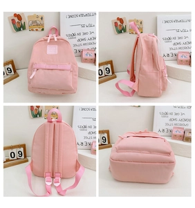 Vier-Winkel-Ansicht des rosa Kindergarten-Rucksacks für Mädchen mit Details und Gurten