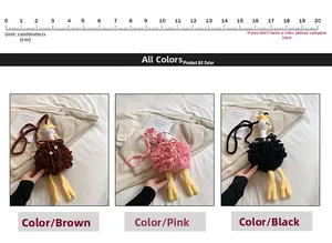 Detail view of handmade crochet ostrich bags in three colors with dimensions showing 20cm