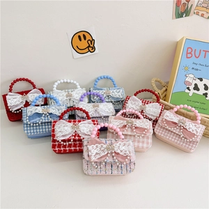 Borsa A Tracolla Mini Per Bambine Tweed Fiocco Principessa Borsa A Mano Manico Perla Artificial Decorazione Corona