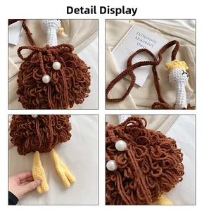 Detailed view of handmade knitted ostrich bag with brown plush texture and white pearls