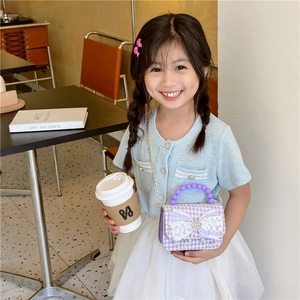 Borsa a mano in tweed viola per bambine con fiocco di pizzo e manico di perle