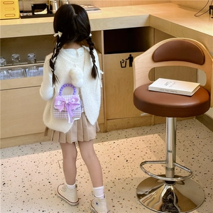 Sac à main pour fille à motif pied-de-poule violet avec nœud en soie et poignée en perles