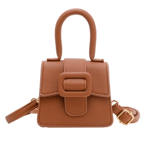 Brown litchi grain mini saddle bag for girls with high round handle and gold buckles