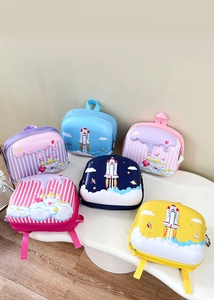 Detail view of colorful EVA hardshell backpacks for kids in space and castle themes