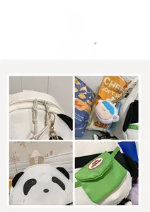 Detail view of cartoon panda backpack with green pocket, dual zippers and cute pendant