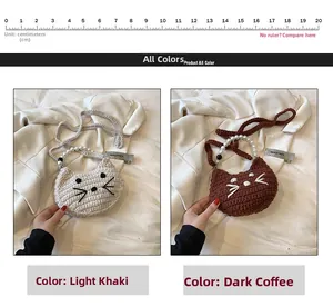 Detail of crochet cat-shaped crossbody bags in light khaki and dark brown with pearl handles