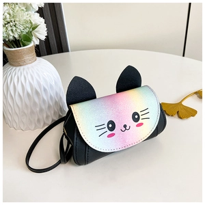 Close-up of cute kitten crossbody bag with glitter rainbow flap and cat ears detail