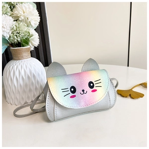 Detail of kids rainbow glitter cat crossbody bag with silver faux leather and 3D ears