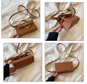 Detailed views of brown litchi pattern mini handbag with gold rotary lock from four angles