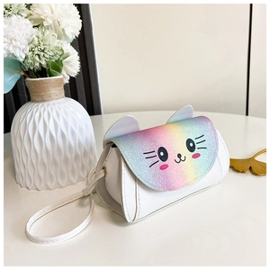 Detailed view of white kitten crossbody bag with rainbow glitter ears and cute cat face