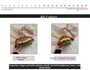 Size comparison of large and small handmade crochet hamburger bags with scale ruler