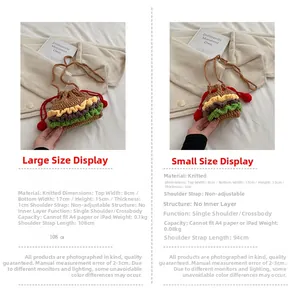 Detailed size comparison of cute knit hamburger bucket bags for children and women