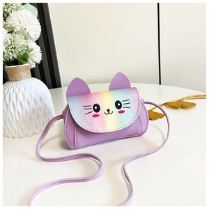 Detail of cute purple kitten crossbody bag with colorful rainbow sequin cat face flap