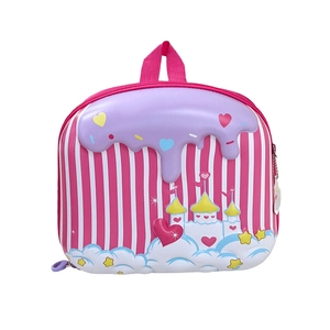Pink striped cartoon eggshell backpack with castle print and heart charms for kids
