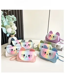 Detailed view of colorful cartoon cat crossbody bags with iridescent glitter finish