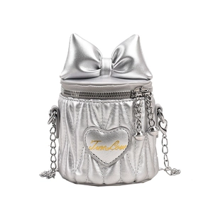 Mini silver quilted bucket bag for girls with large bow and True Love heart detail