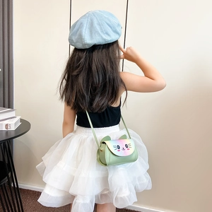 Cute mint green cartoon cat crossbody bag for little girls with rainbow flap detail