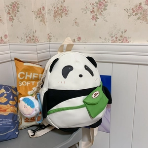 Cute Panda Cartoon Backpack Mini Canvas School Bag With Doll Charm Green Pocket For Women Girls Students Casual Travel