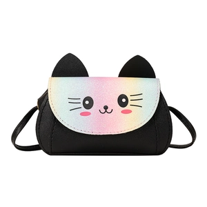 Cute kids black leather crossbody bag with colorful rainbow sequin cat face and ears