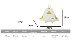 Size chart showing cartoon duck backpack dimensions 25x23x8cm with material specs
