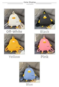 Color display of cartoon duck canvas backpacks in white, black, yellow, pink, and blue