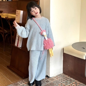 Handmade knitted blue sweater and pants set with cute ostrich crossbody bag for kids