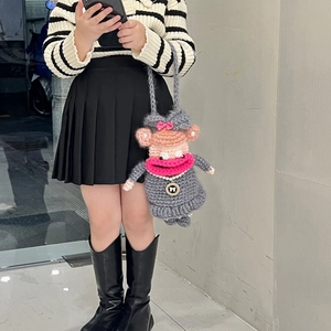 Handmade crochet doll bag with cartoon grey dress and funny pink sausage lips design