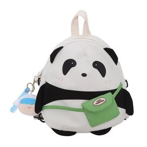Cute panda backpack for girls with mini green bag detail and doll charm on white background