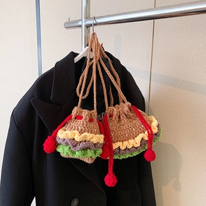 Handmade Crochet Burger Crossbody Bag Knitted Drawstring Pouch Novelty Fashion Shoulder Purse For Kids Toddlers