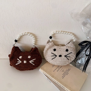 Cute Cat Shaped Knitted Crossbody Bag For Kids Crochet Animal Handbag With Artificial Pearl Handle Mini Shoulder Purse Girls