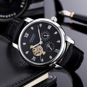 Montre automatique pour homme avec volant d'inertie squelette et cuir noir