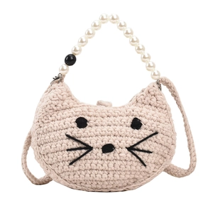 Handmade crochet beige cat bag with pearl handle and knit strap for girls