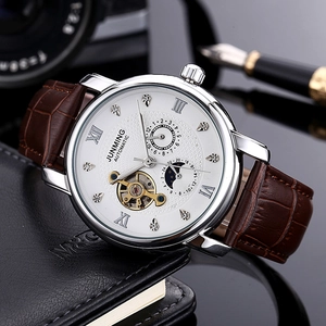 Montre Automatique Homme Acier Inoxydable Bracelet Cuir Strass Chiffres Romains Mode Affaires