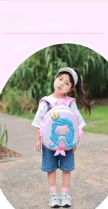 Pink cartoon mermaid backpack for toddlers with 3D embossed shell and crown detail